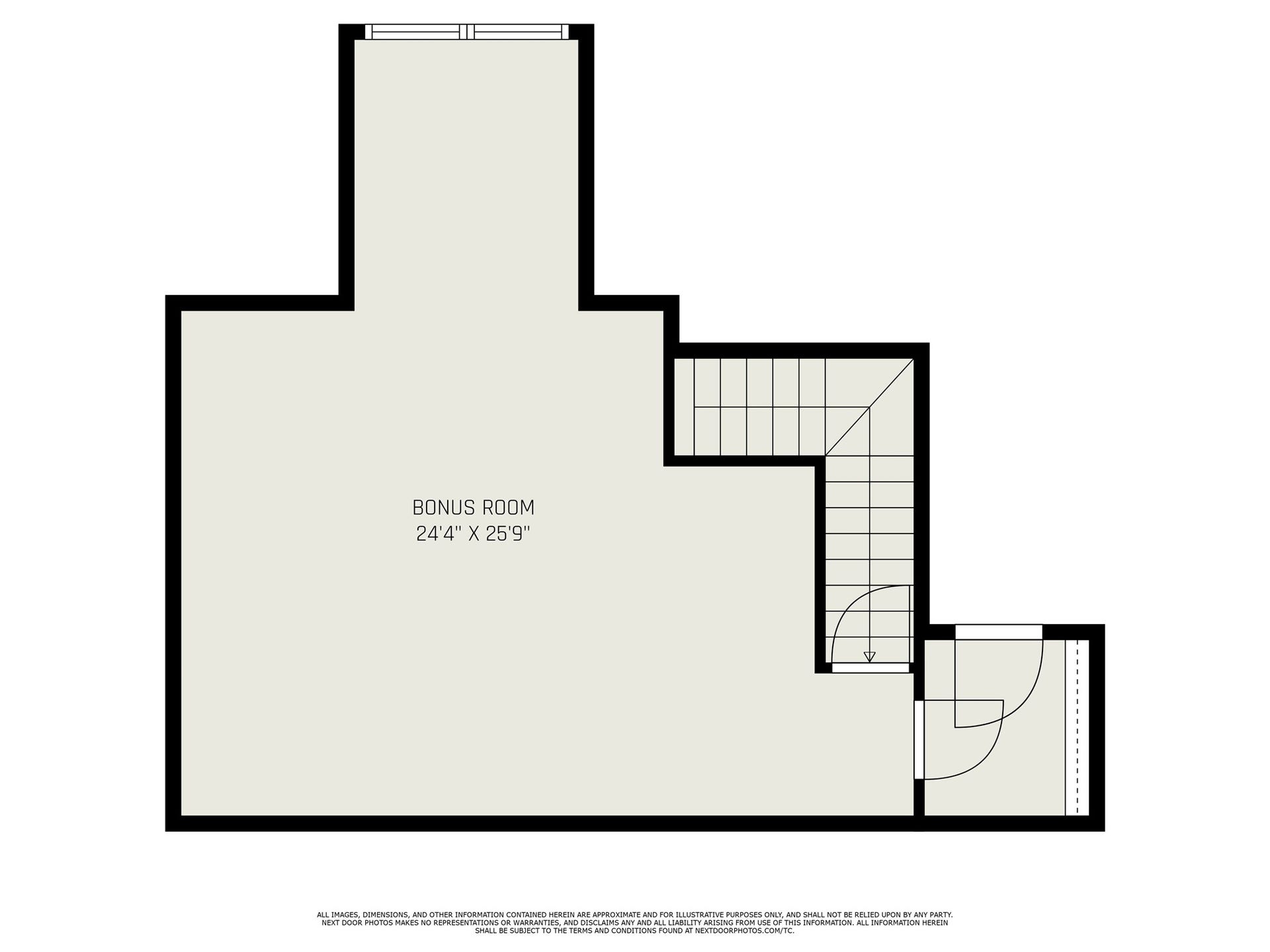 5001 Jackson Street, Houston, TX 77004 This floor plan shows a spacious bonus room measuring 24'4" by 25'9". It includes a staircase leading up to the room, offering versatile space for various uses.