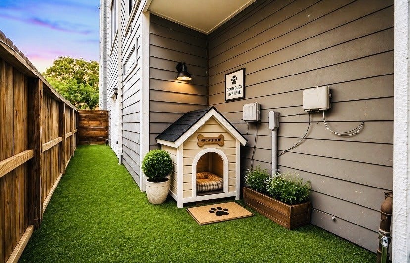608 W 28th Street, #B, Houston, TX 77008 Virtually Staged to show what you could create in a simple weekend project w/ a little artificial grass turf & a cute dog house! Simply lay the grass from Home Depot or where ever, right over the river rocks w/ a little sand for leveling and then your pets &/or little ones could have a totally new play space! Not big, put very useable! NICE!