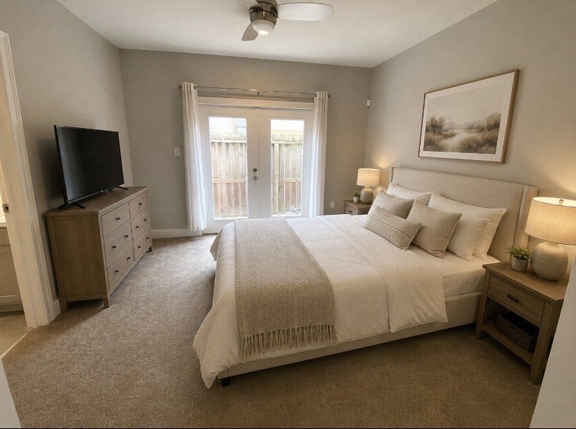 608 W 28th Street, #B, Houston, TX 77008 Virtually Staged. The Downstairs Bedroom boasts high ceilings, brand new carpeting, brilliant French doors to the back yard, large walk-in closet, in-suite bath w/ marble counter and tub/shower combo & more!
