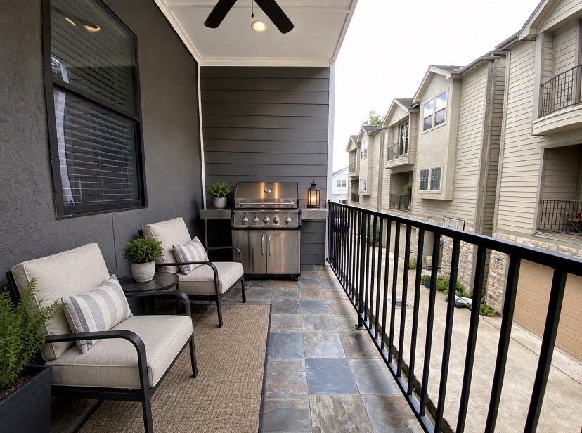 608 W 28th Street, #B, Houston, TX 77008 Virtually Staged to show how you might choose to set up this terrific covered porch off the Kitchen & Dining Room Area! Note the built-in gas line for connecting you favorite Grill, plus ceiling fan, can lights, sealed slate tile decking, handsome iron railing & more! PERFECT FOR OUTDOOR GRILLING!
