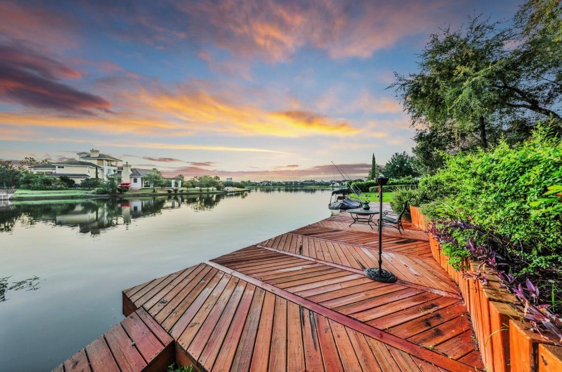 35 W Isle Place, The Woodlands, TX 77381 Private waterfront deck offering panoramic sunset views and direct water access.