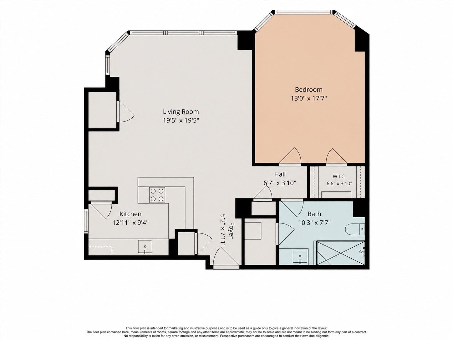 1111 Caroline Street, #2601, Houston, TX 77010 Floor plan illustrates the open kitchen and living area, separate bedroom, shower bath and walk in closet. Foyer and hall connections clarify how the private and shared spaces relate.