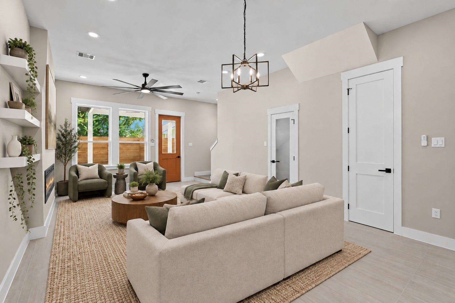 2412 Terry Street, #A, Houston, TX 77009 Virtually Staged: Large windows bring in abundant natural daylight, while floating wall shelves and an integrated fireplace elevate the overall aesthetic.