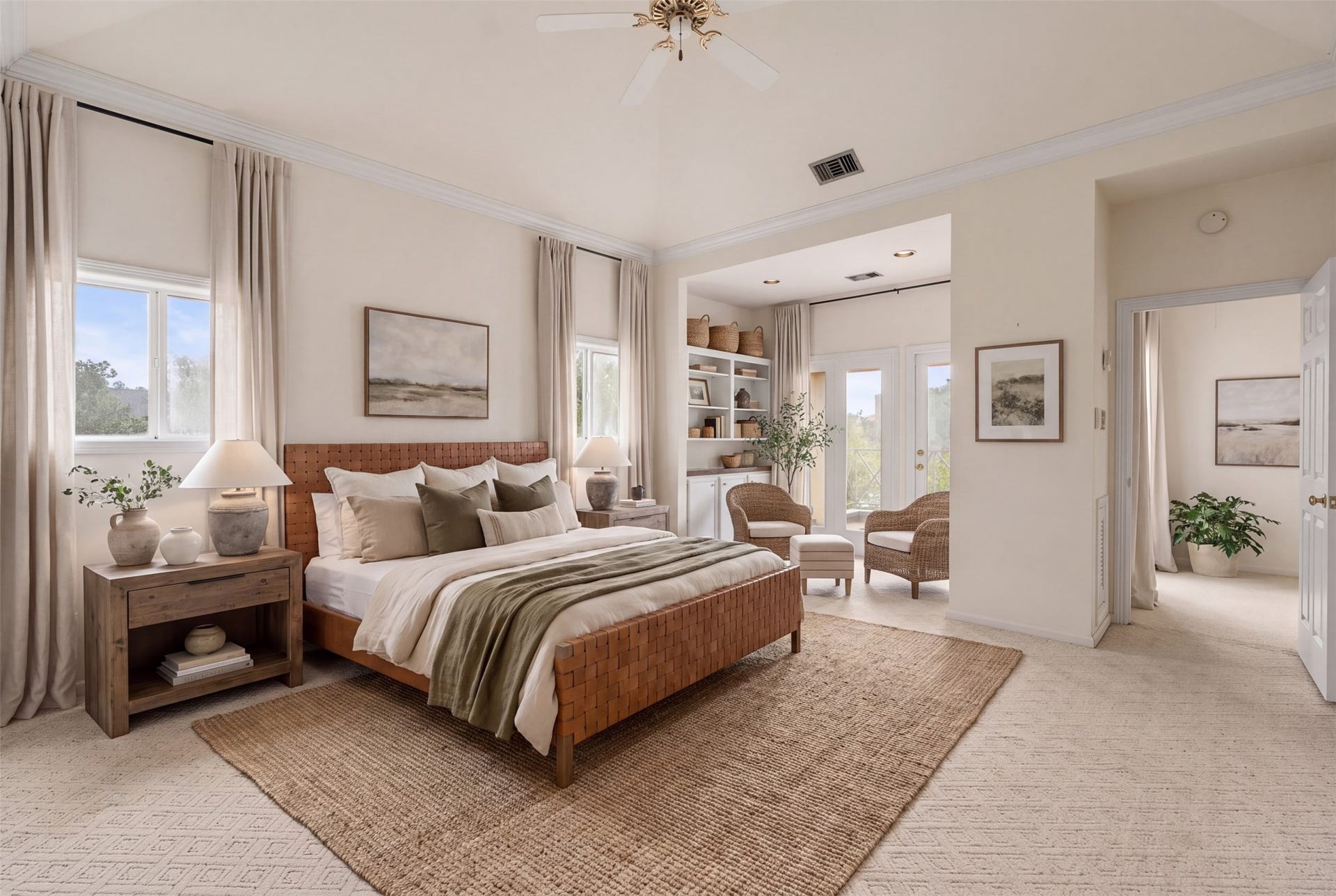 3923 Childress Street, #A, Houston, TX 77005 Expansive primary bedroom with vaulted ceiling and sitting area with balcony. 2 closets & 2 separate baths! AI photo to suggest furnishings.