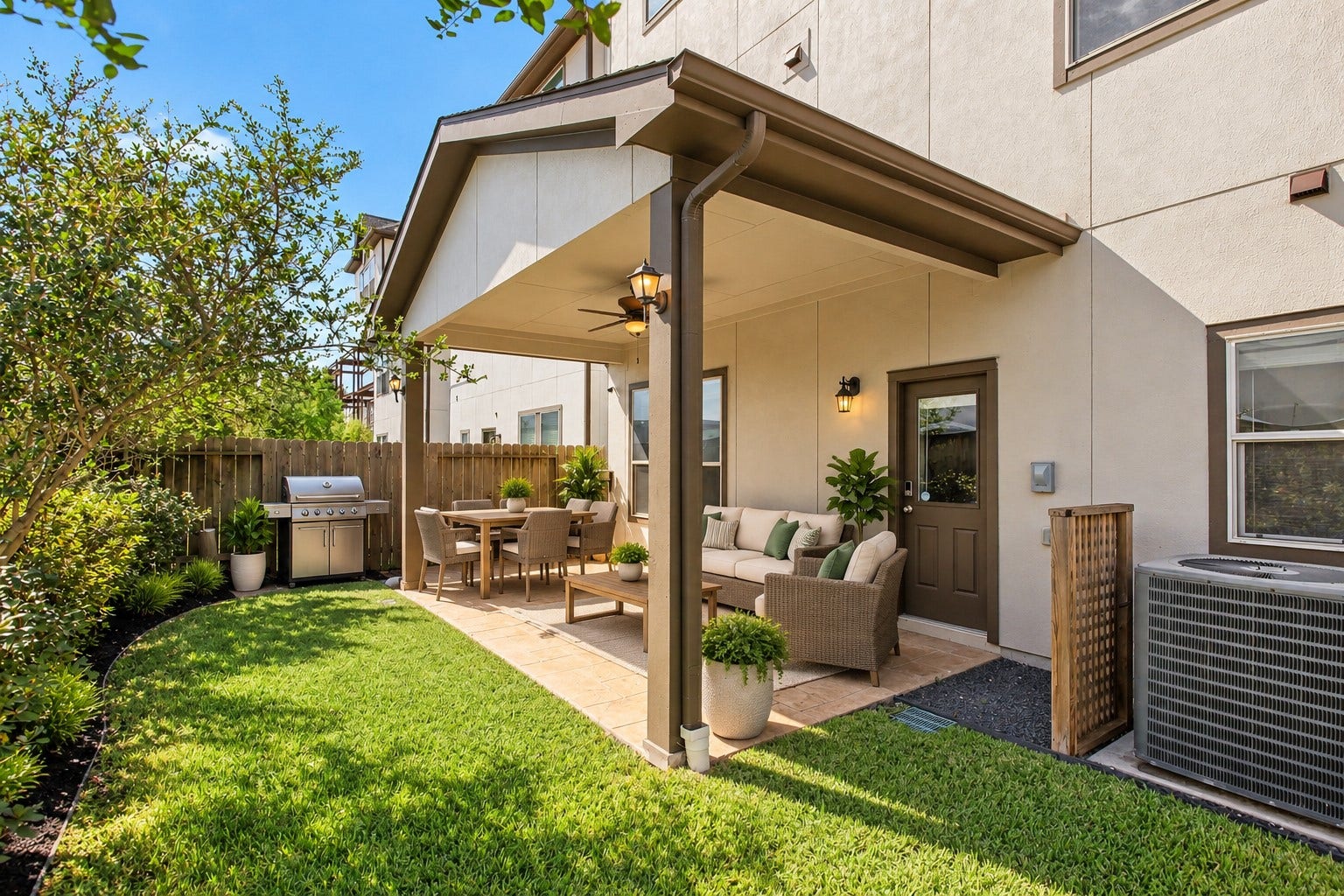 1506 Peyton Oaks Place, Houston, TX 77043 The backyard covered patio with lighting and ceiling fan (virtually staged)