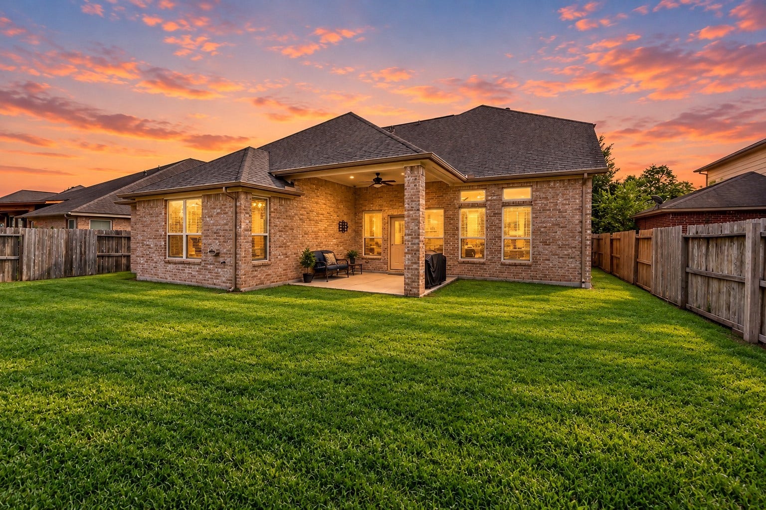 7 Ember Branch Drive, Missouri City, TX 77459 A spacious, fenced backyard with a lush lawn and no back neighbors, plus a covered patio ready for outdoor living.