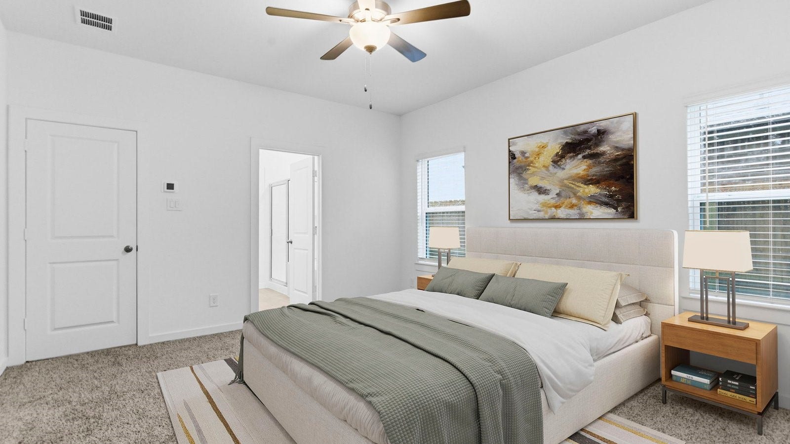 3406 Horseshoe Trail Lane, League City, TX 77511 Primary bedroom with ceiling fan, plush carpeting, and a large walk-in closet.
