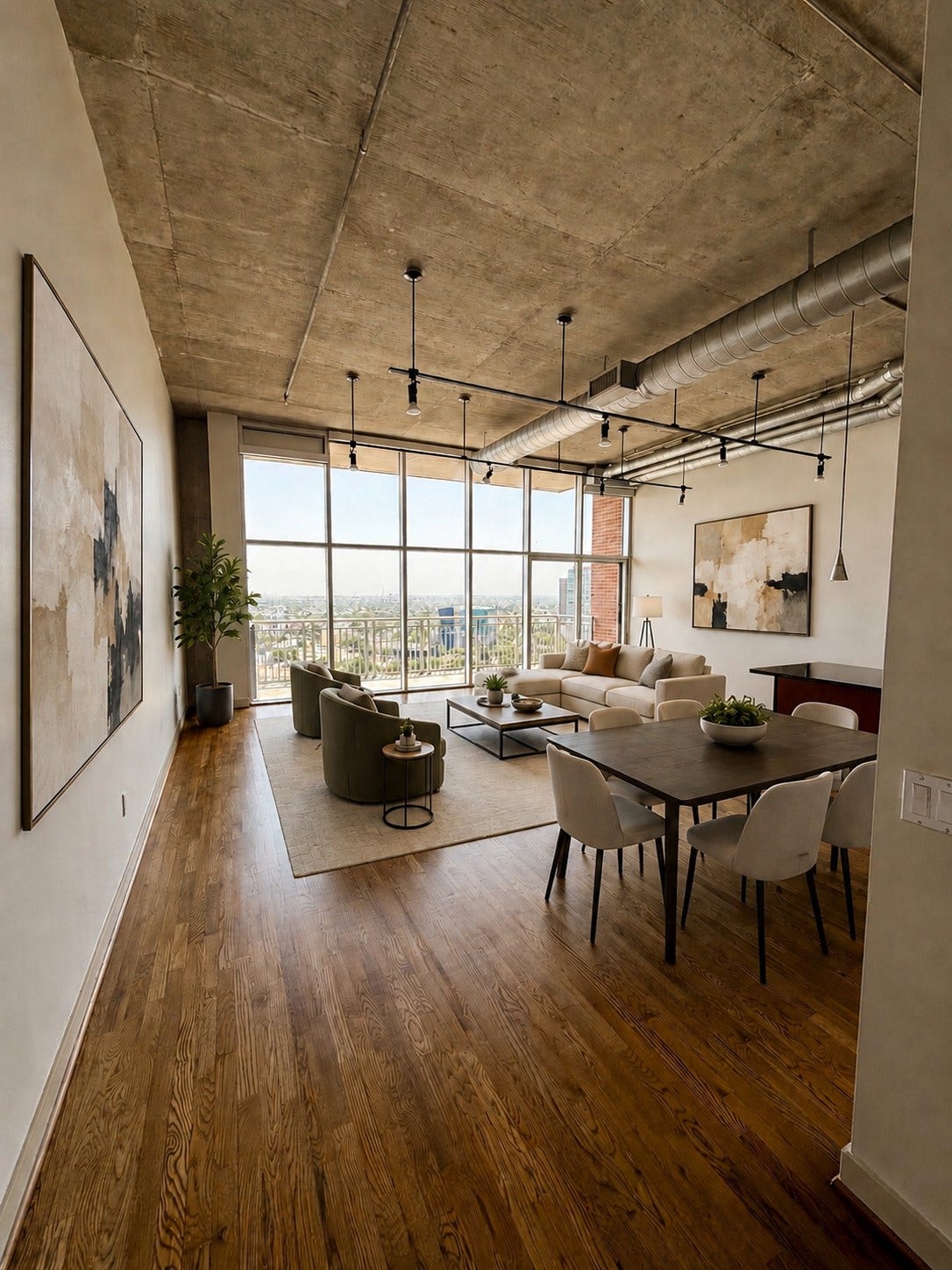 4899 Montrose Boulevard, #1009, Houston, TX 77006 All units offer 12' ceilings with expansive windows which increases the volume and feel of the space. Gallery walls, real hardwood floors, exterior vent kitchens. Open plan living/dining areas flow to your outside living space. Dining island offers extra seating.