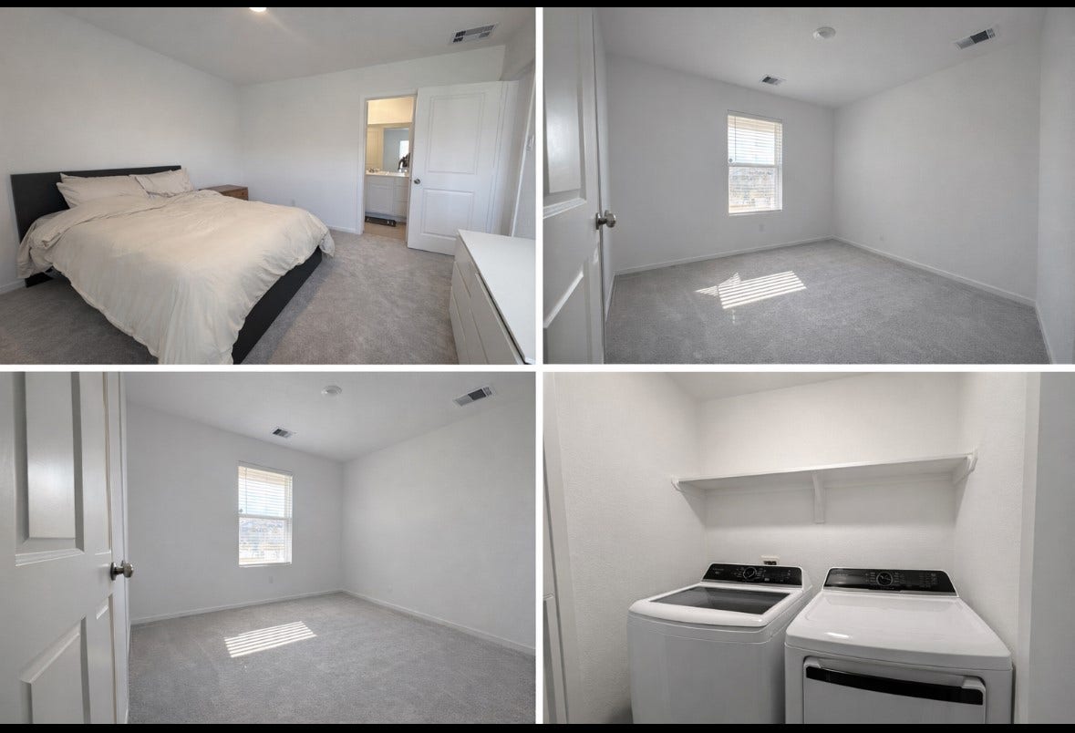 21151 Vercelli, New Caney, TX 77357 This photo showcases a well-lit bedroom with a comfortable bed and ensuite bathroom, a second bright room ideal for an office or guest room, and a convenient laundry area with modern appliances. The spaces feature clean, neutral decor and ample natural light.