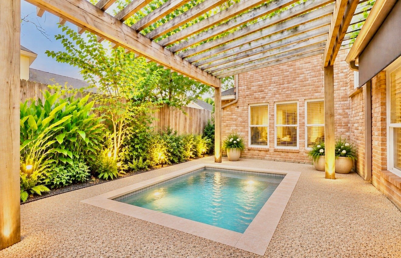 1122 Daria Drive, Houston, TX 77079 Inspiration pic of how a dipping pool would look in the patio space off the kitchen and living room.