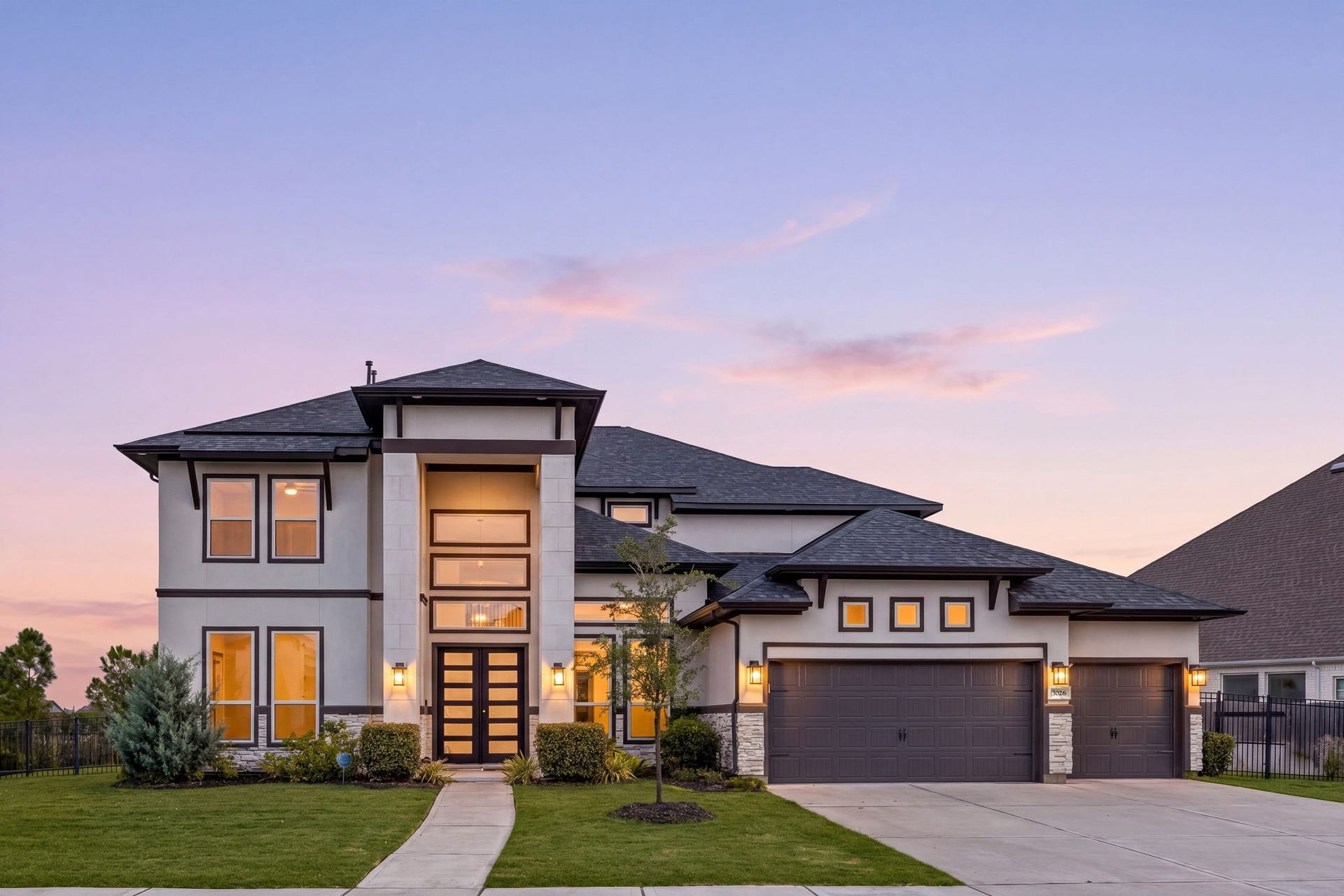 3026 Emerald Field Lane, Fulshear, TX 77423 Luxury shines after sunset. Experience the beauty of this extraordinary J. Patrick Homes residence, where elegant architecture and enchanting evening ambiance create a truly captivating welcome.
