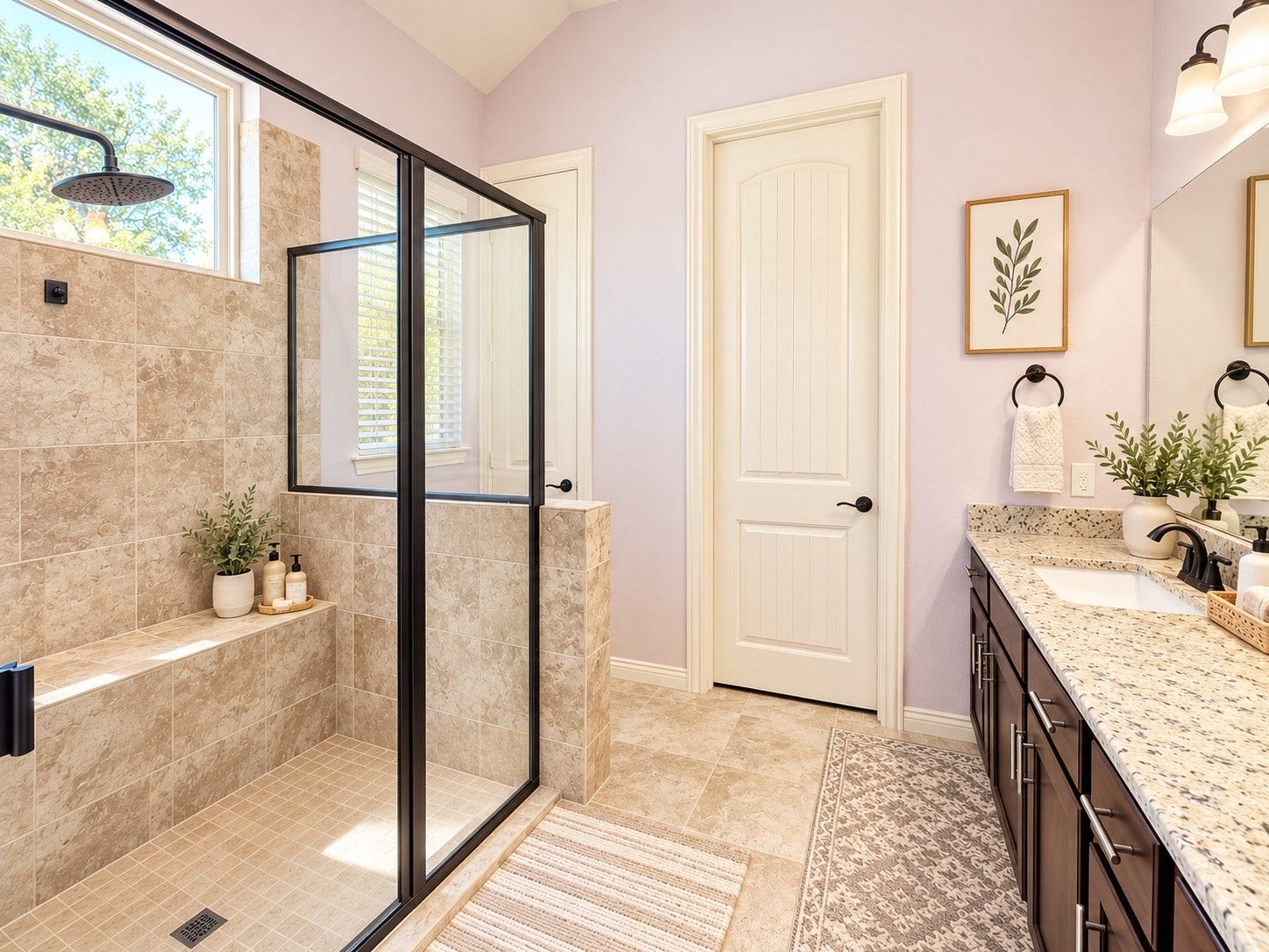 8006 Duncan Ranch Lane, Richmond, TX 77407 The second primary bathroom features a spacious shower and double sink, offering comfort and convenience in a private retreat.