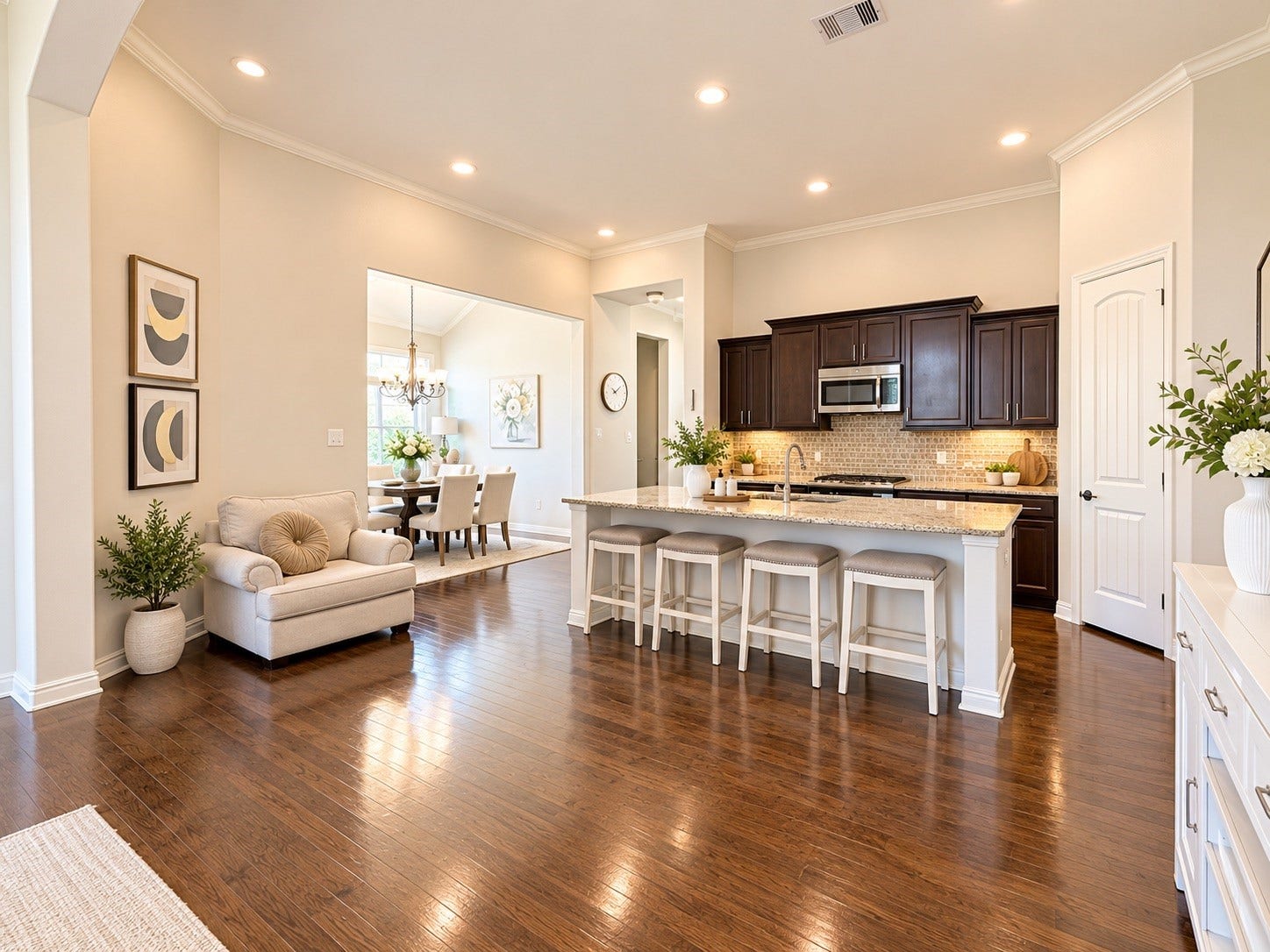 8006 Duncan Ranch Lane, Richmond, TX 77407 The kitchen flows seamlessly into the living and formal dining areas, creating an inviting open-concept space perfect for everyday living and entertaining.