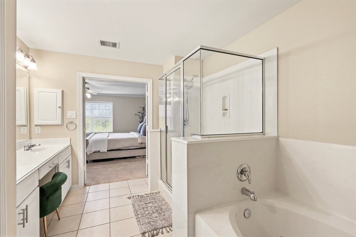 Melt your worries away in a large soaking tub! There is also a standing shower for your convenience!