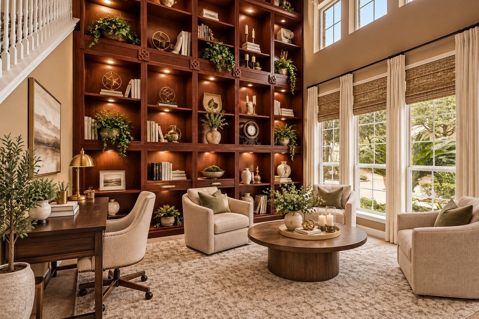 Virtually staged to showcase the elegance and versatility of this stunning library, featuring floor-to-ceiling custom built-ins and a sophisticated, inviting atmosphere.
