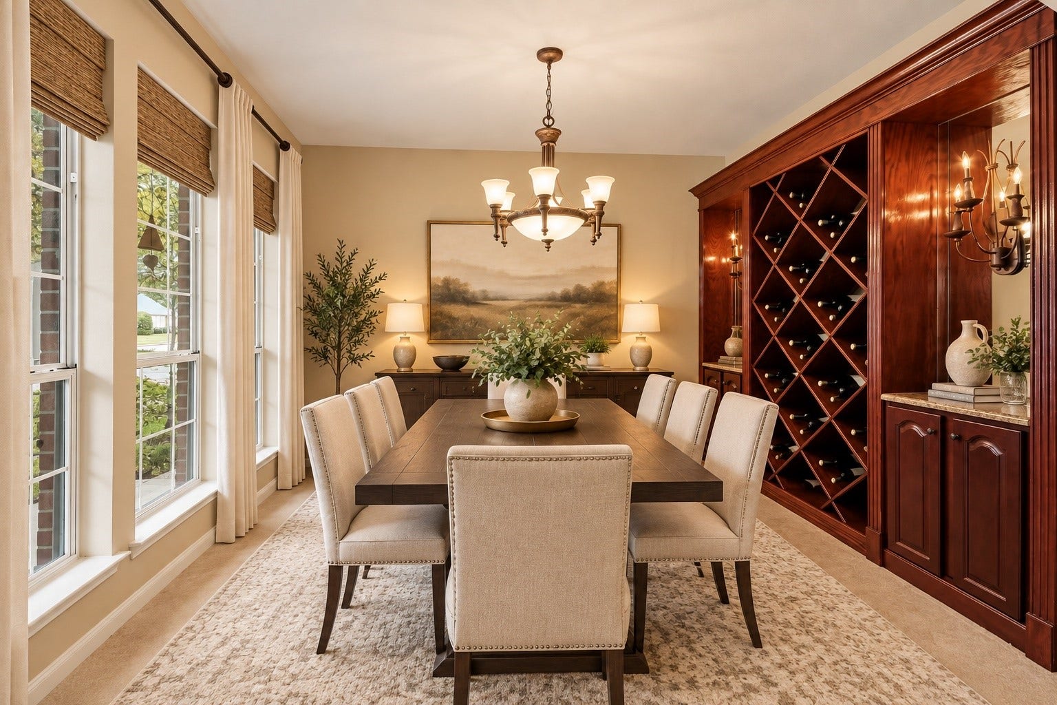Virtually staged to showcase the elegance and entertaining potential of this beautiful formal dining room with custom built-ins.