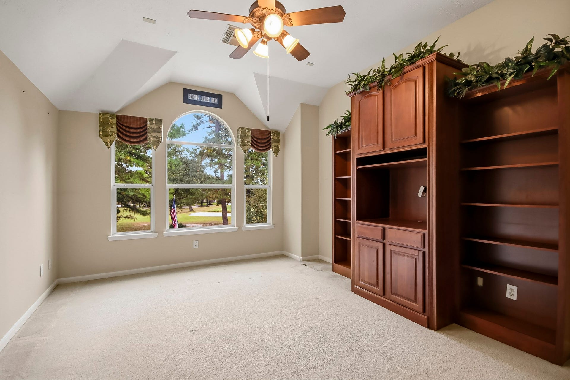 Spacious second-floor game room featuring beautiful views overlooking the sparkling pool and lush golf course, perfect for entertaining, relaxing, and enjoying time with family and friends!