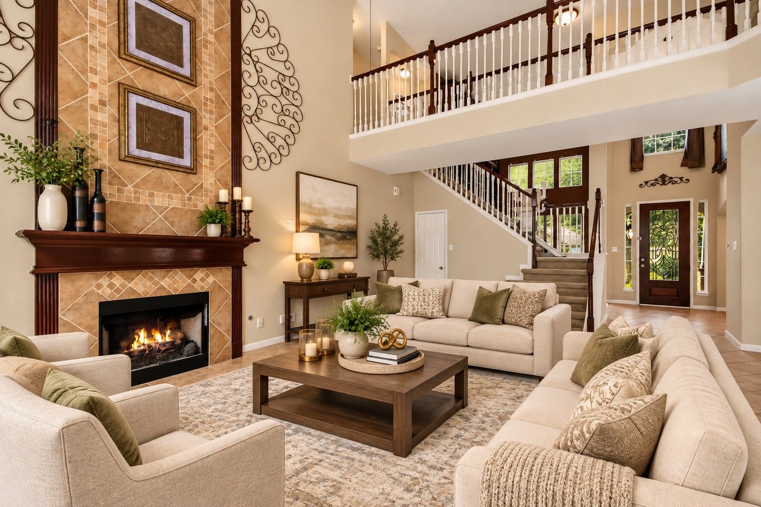 Virtually staged to highlight the grandeur of this stunning two-story living area, featuring soaring ceilings, a beautiful fireplace, and elegant furnishings that showcase its spacious and inviting layout.