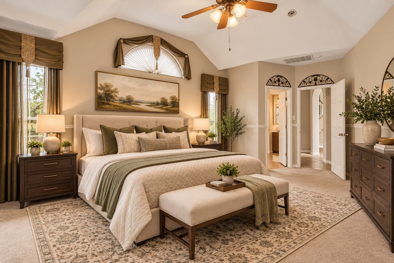 Virtually staged to showcase the spaciousness and elegance of this expansive primary suite, featuring a relaxing atmosphere and beautiful views of the sparkling pool and lush golf course.