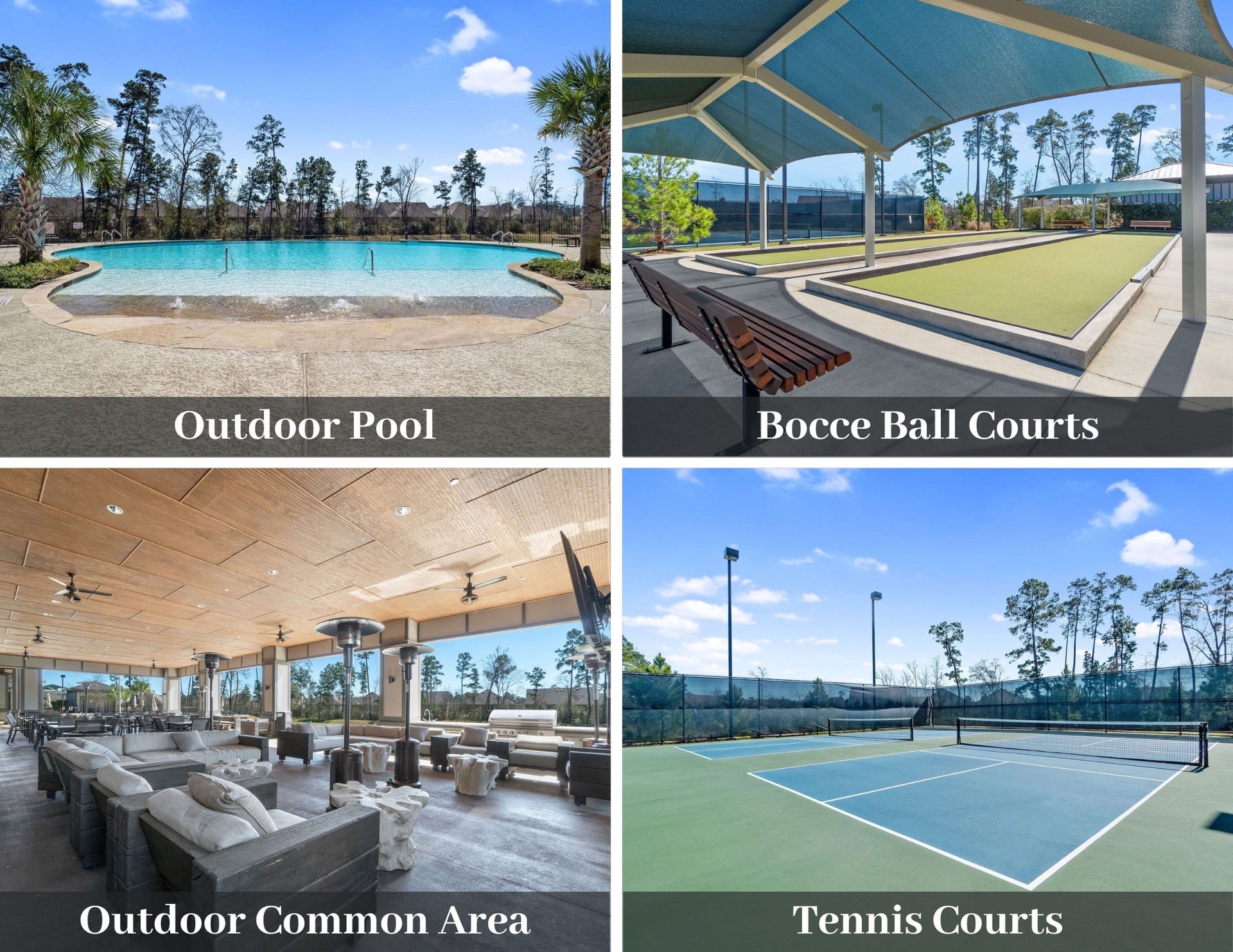 229 Percheron Drive, Spring, TX 77382 Outdoor amenities include Pickleball, Bocce Ball, common lounging areas, the outdoor pool, and more.
