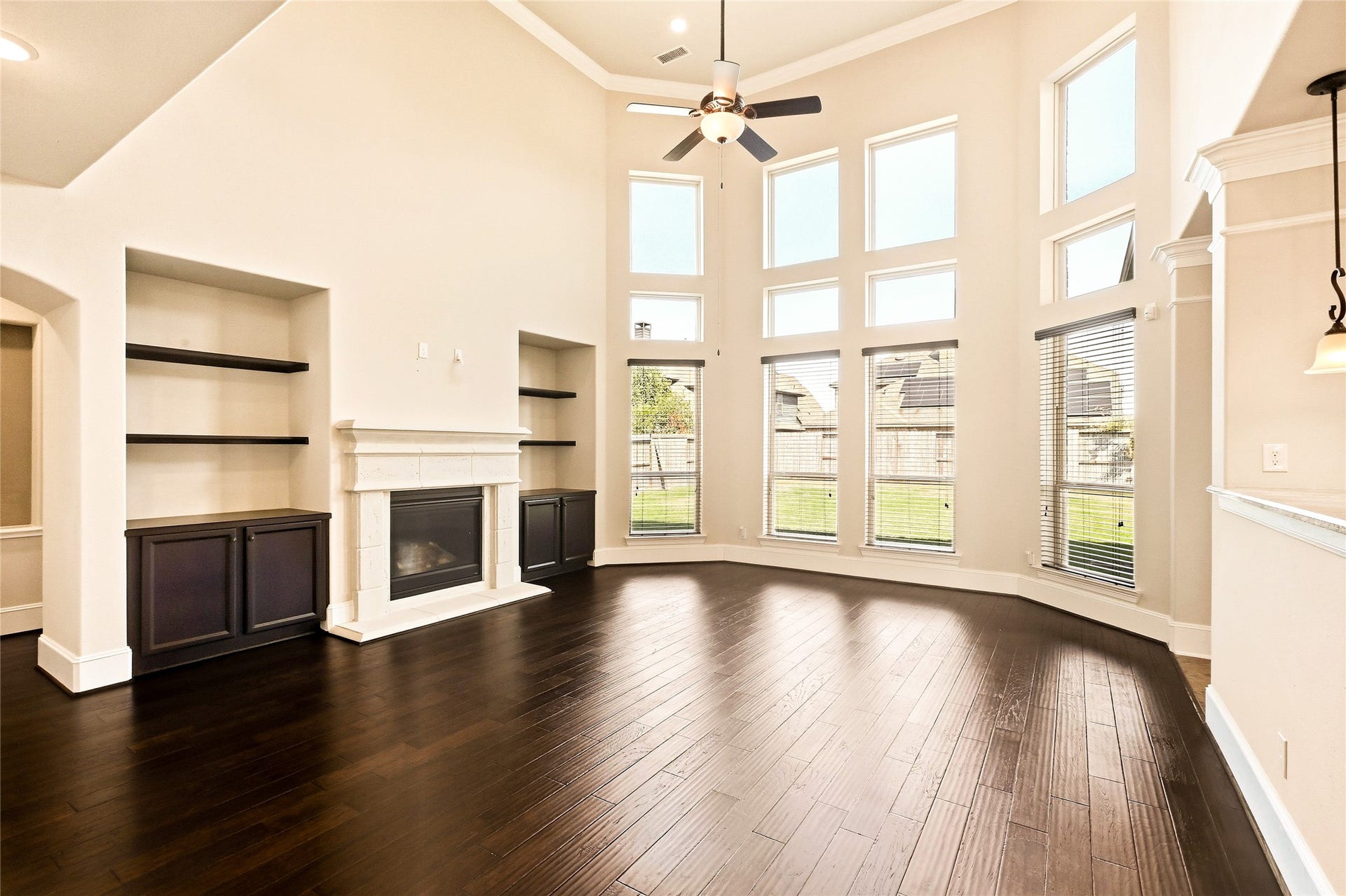 Custom floating shelves accenting living space