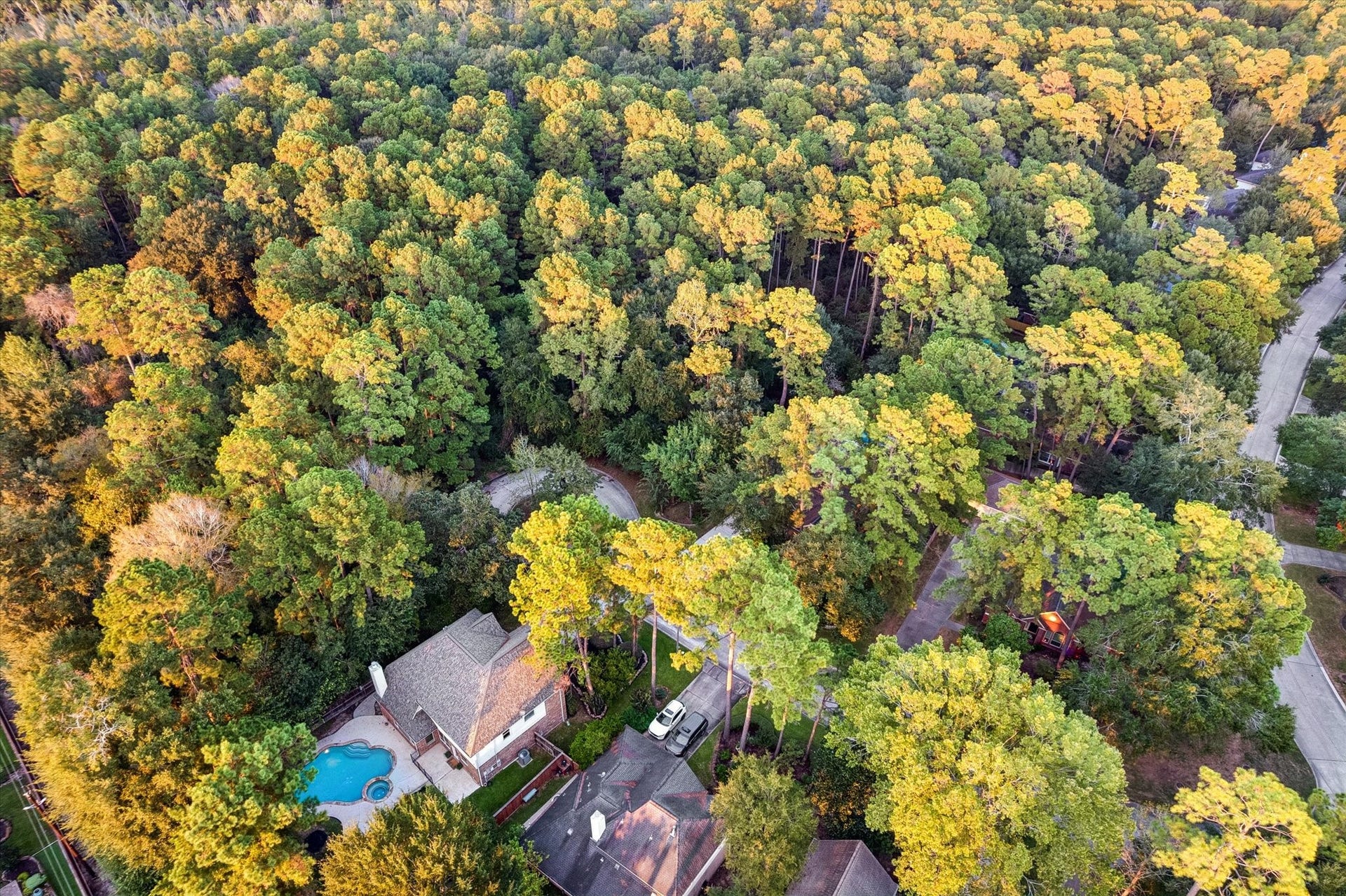 11 Merryvale Drive, The Woodlands, TX 77382 This aerial view highlights the homes desirable cul-de-sac location, along with the new roof!