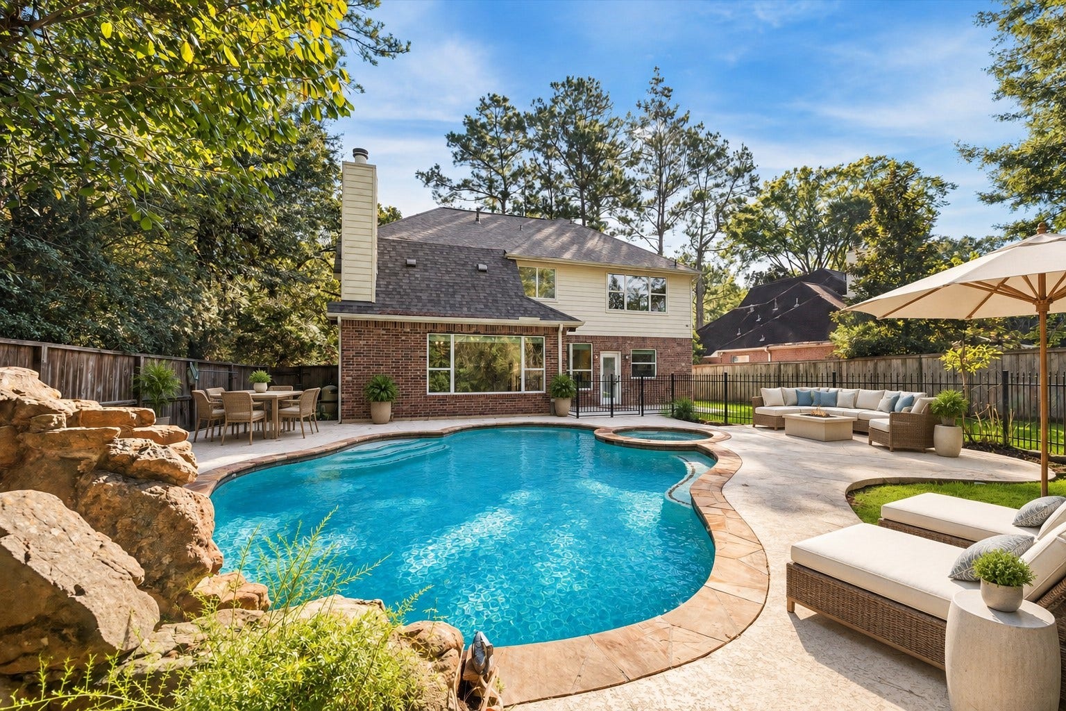 11 Merryvale Drive, The Woodlands, TX 77382 The stunning rear view of the home showcases a resort-style backyard with a sparkling pool, relaxing spa, and expansive patio space perfect for outdoor entertaining. Virtually staged with outdoor furnature.