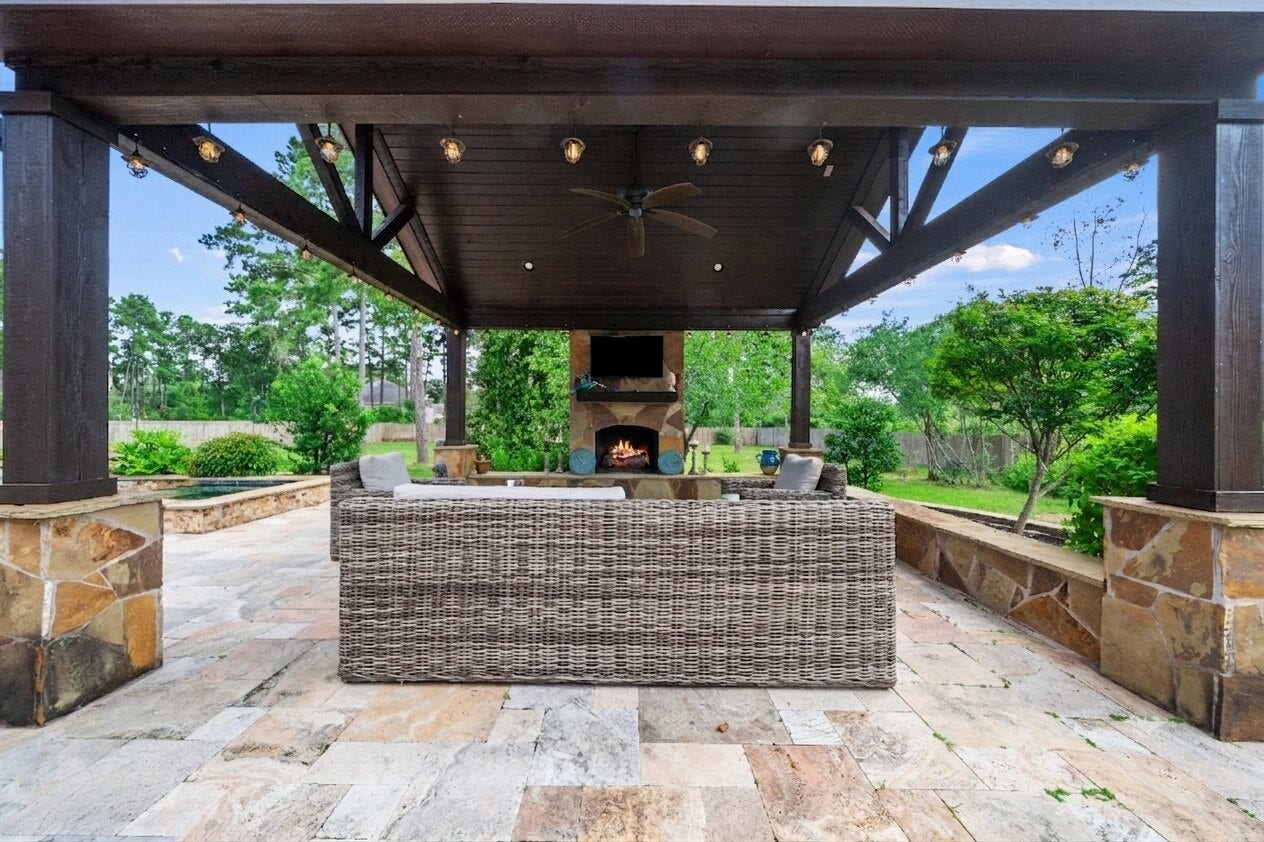 4426 Silver Jade Drive, Spring, TX 77386 Engineered for year-round luxury living. This striking poolside cabana serves as an elite outdoor salon, offering a sophisticated architectural focal point for high-profile hosting or serene weekend relaxation.