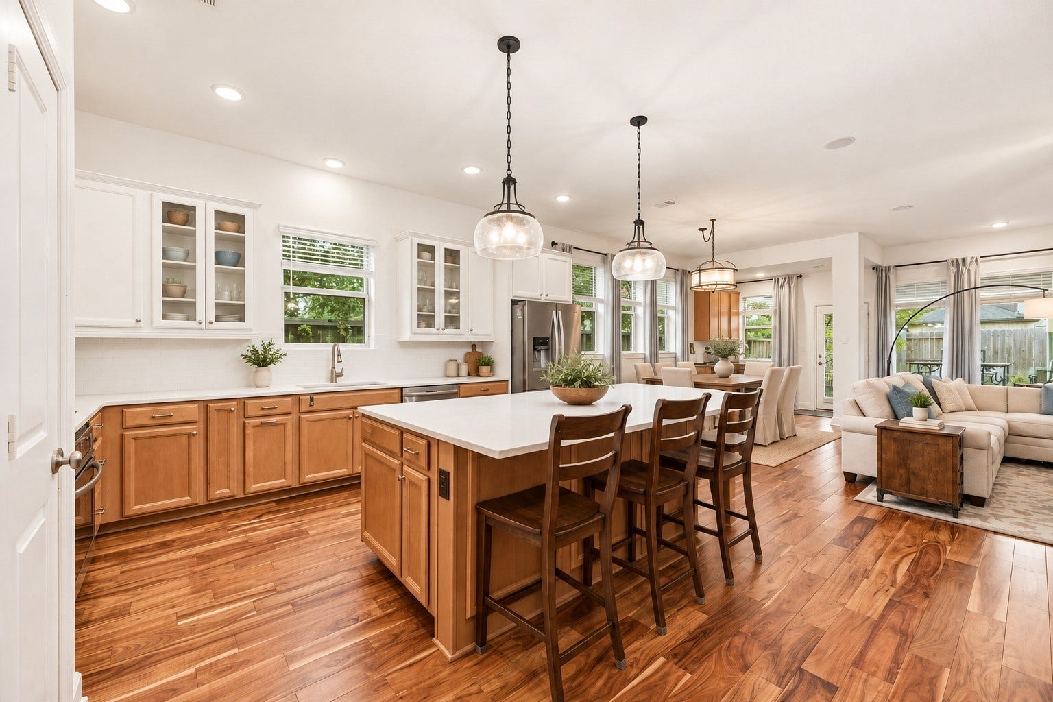 18203 Burnett Willow Lane, Cypress, TX 77433 Another view of this modern kitchen with pendant lighting, and a large island with ample seating, seamlessly flowing into a cozy family room. Virtually Staged