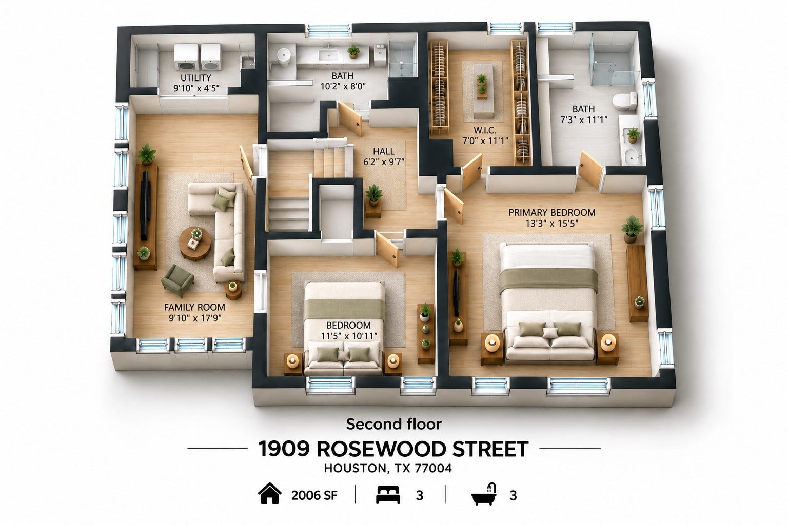 1909 Rosewood Street, Houston, TX 77004 Second-floor plan includes the primary suite, secondary bedroom, family room, two full baths, walk-in closet, and dedicated utility room.