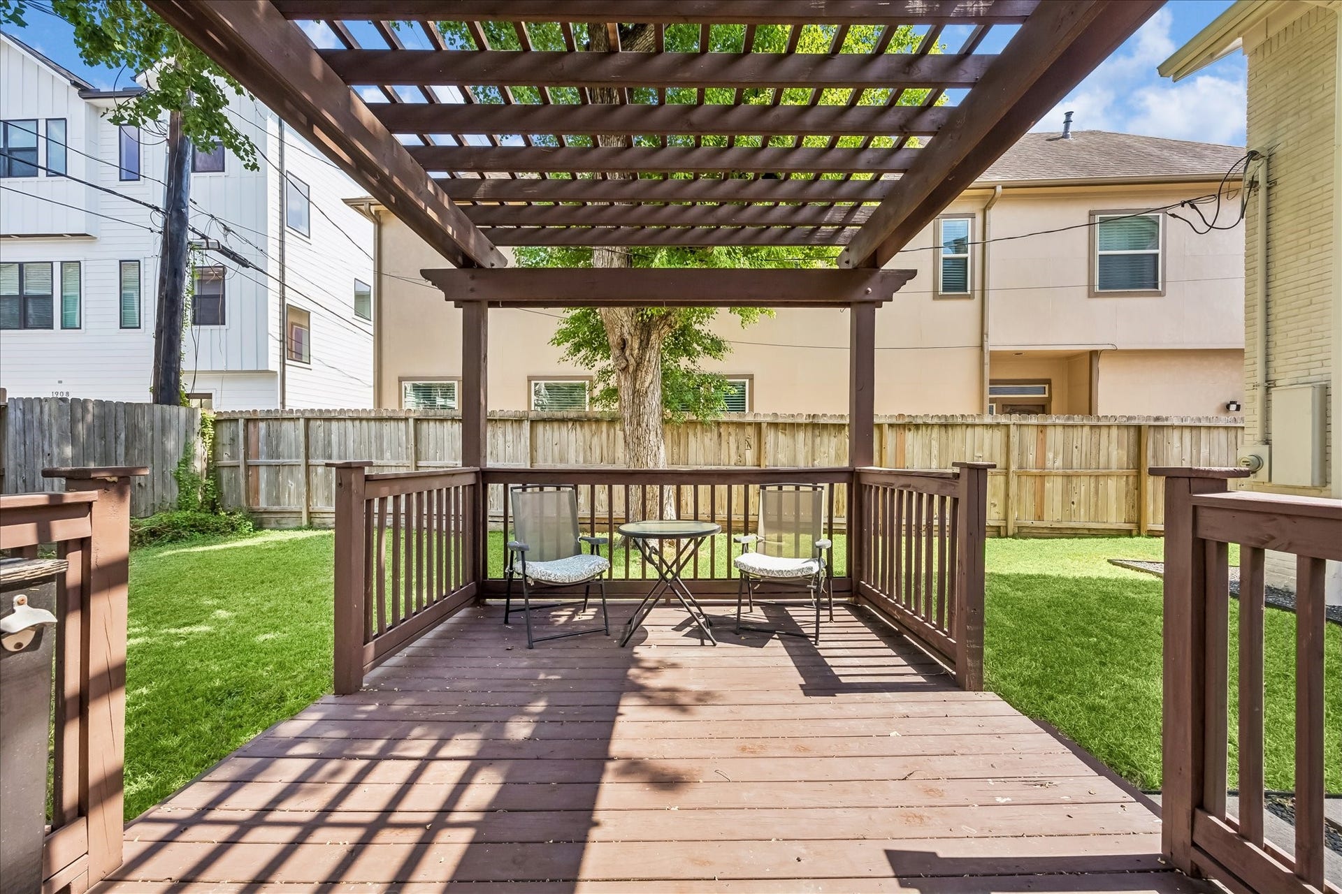 1909 Rosewood Street, Houston, TX 77004 Wood pergola creates a shaded outdoor gathering spot with room for dining, lounging, or weekend get-togethers.