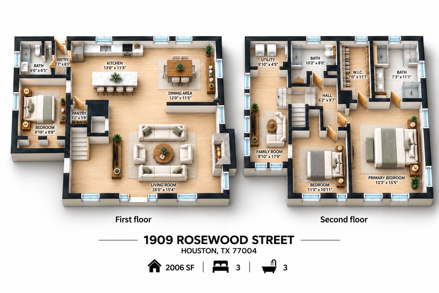 1909 Rosewood Street, Houston, TX 77004 Full floor plan shows how the central staircase connects the main living spaces downstairs with the bedrooms and additional family room above.