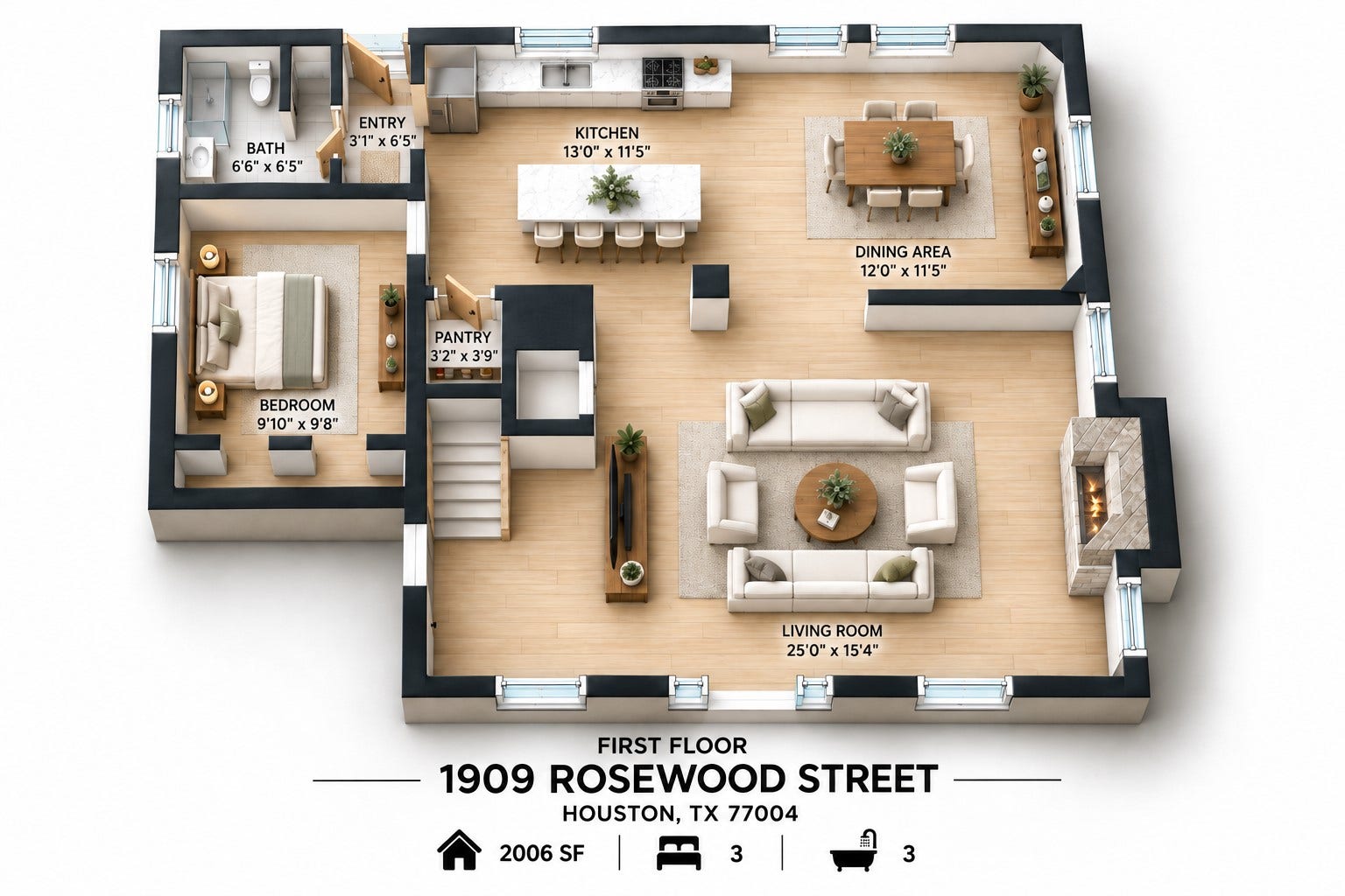 1909 Rosewood Street, Houston, TX 77004 First-floor plan highlights the large living room, open kitchen and dining area, downstairs bedroom, full bath, pantry, and central staircase.