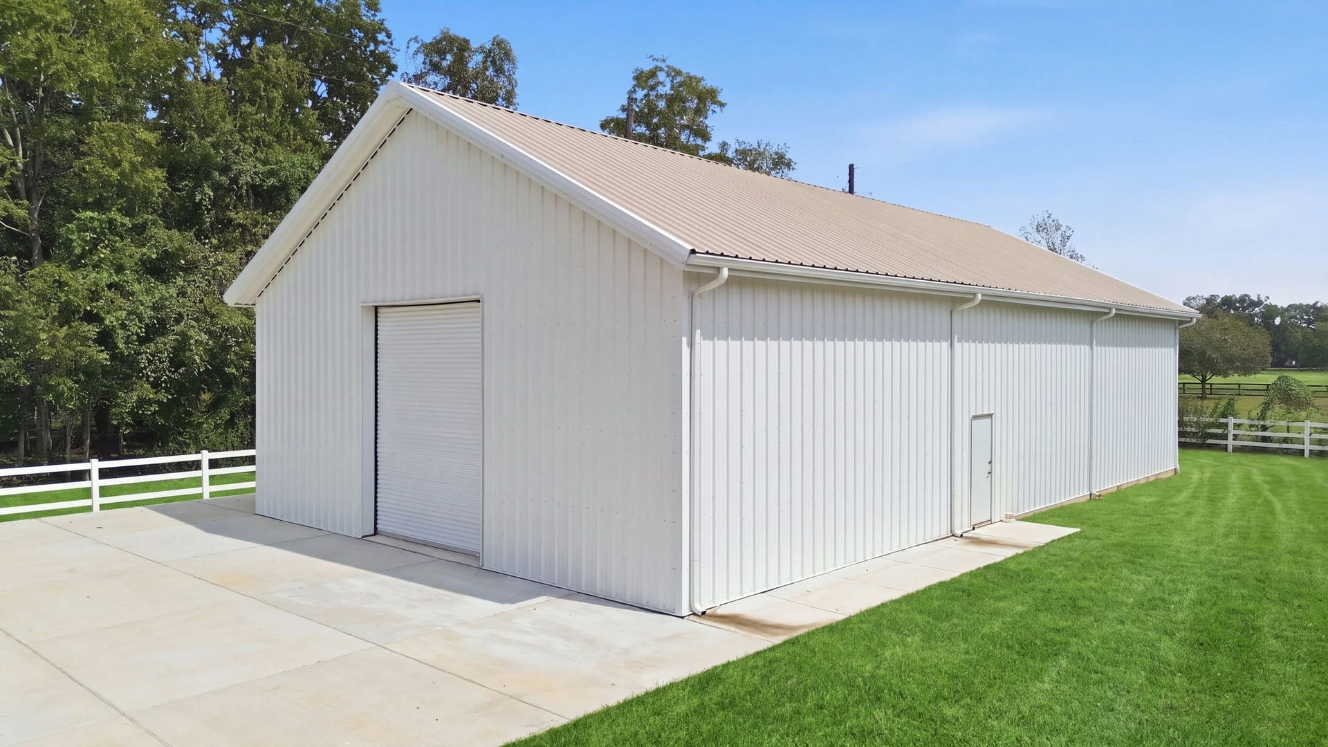 White metal building with a front and rear roll-up door, situated on a concrete pad, with led lighting, 3 large fans, and fully insulated.
