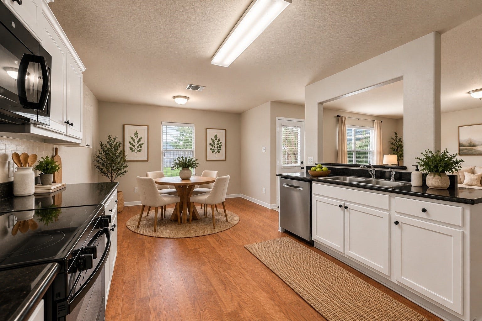 4035 Pedernales River Lane, Spring, TX 77386 Virtually staged to showcase the potential of this bright and inviting kitchen and breakfast area. The kitchen features white cabinetry, dark countertops, ample workspace, and a convenient pass-through that opens to the adjoining living space. The breakfast area offers room for a dining table and plenty of natural light.
