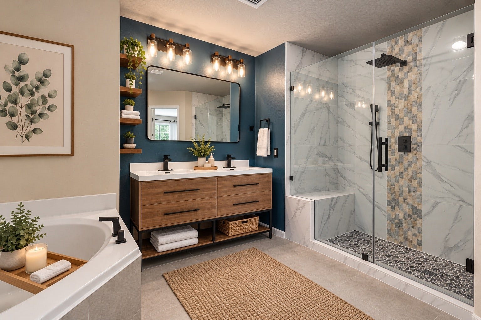 4035 Pedernales River Lane, Spring, TX 77386 Virtually staged to showcase the spa-like potential of this spacious primary en-suite bathroom. Enjoy a large soaking tub, separate oversized walk-in shower with glass enclosure, dual-sink vanity, and plenty of space to unwind and get ready.