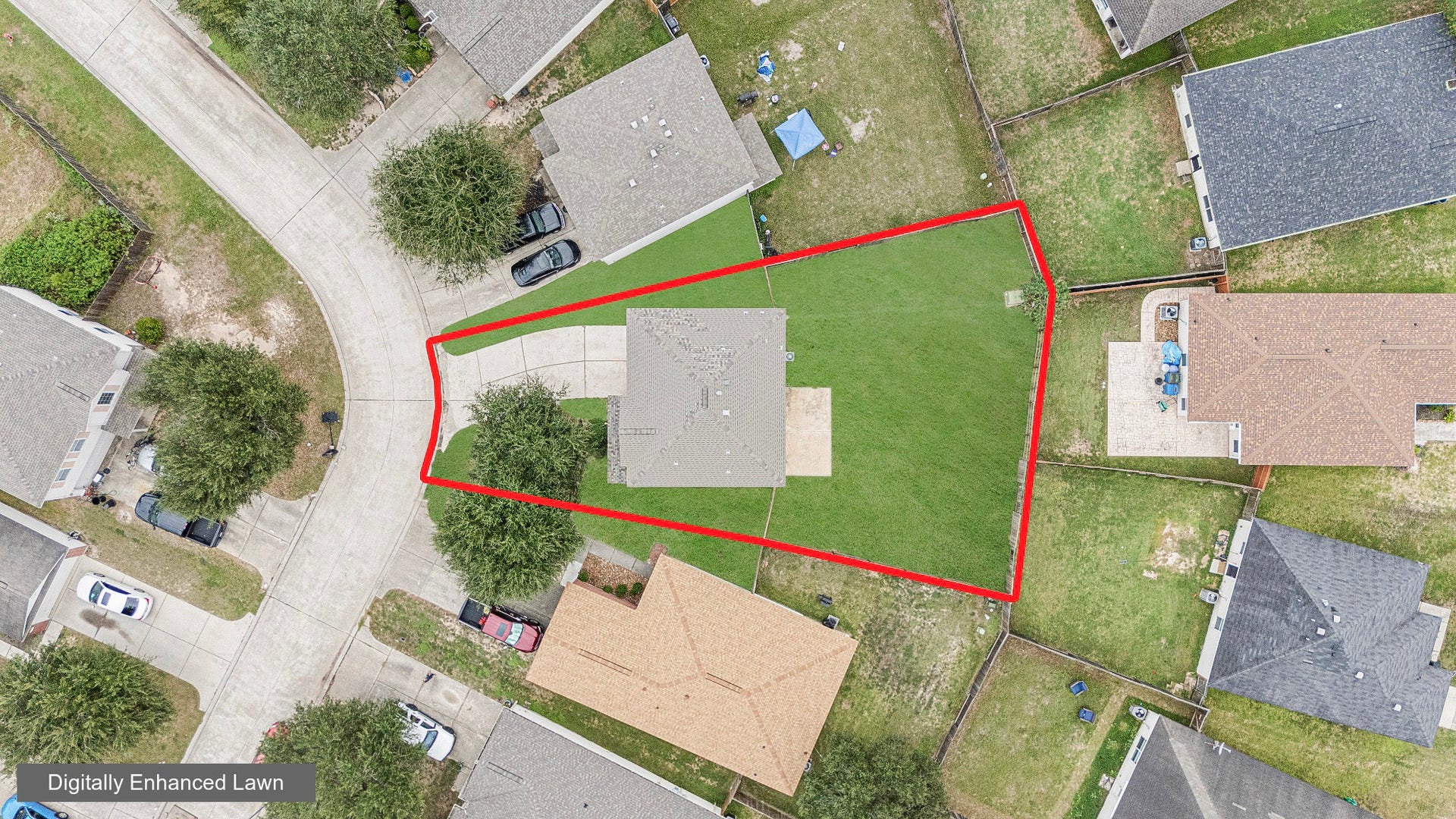 28838 Frio River Loop, Spring, TX 77386 Aerial view shows the home and backyard; the highlighted outline is approximate, not a survey.