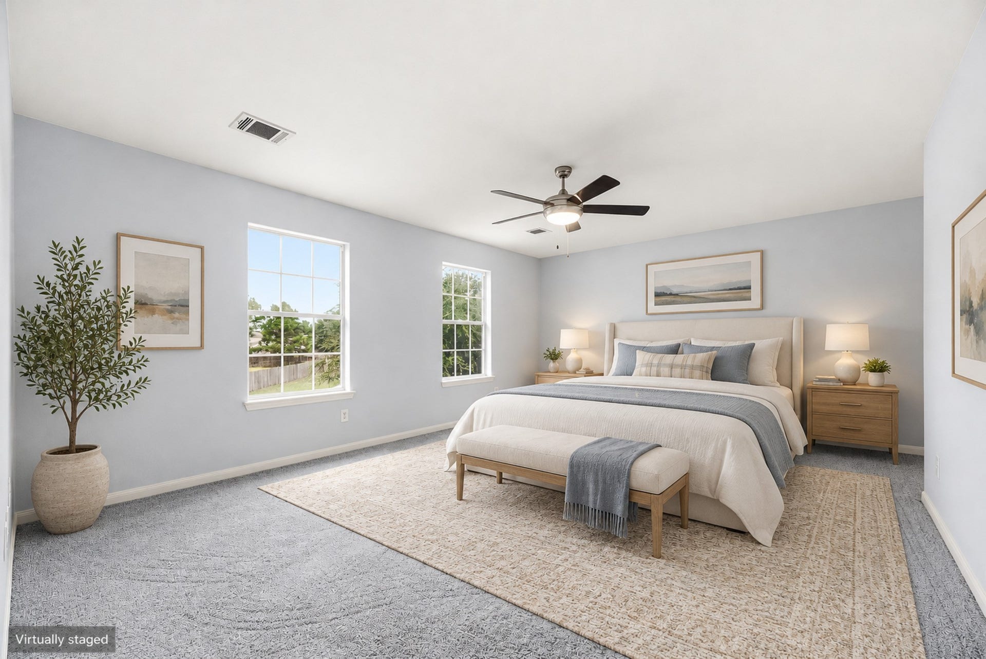 28838 Frio River Loop, Spring, TX 77386 Primary bedroom combines paired windows, soft carpeting, neutral walls, and a ceiling fan. (Virtually staged)