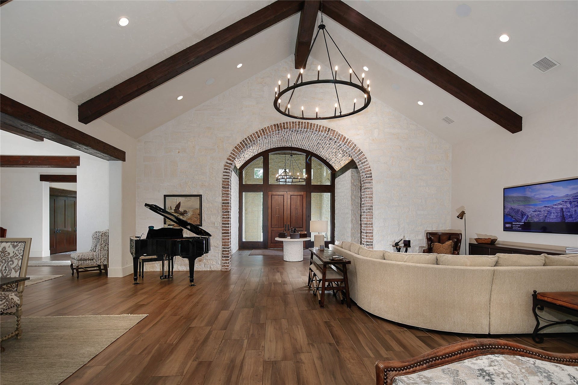 Combining both casual and formal entertaining with a media niche so your guests can watch the big game!