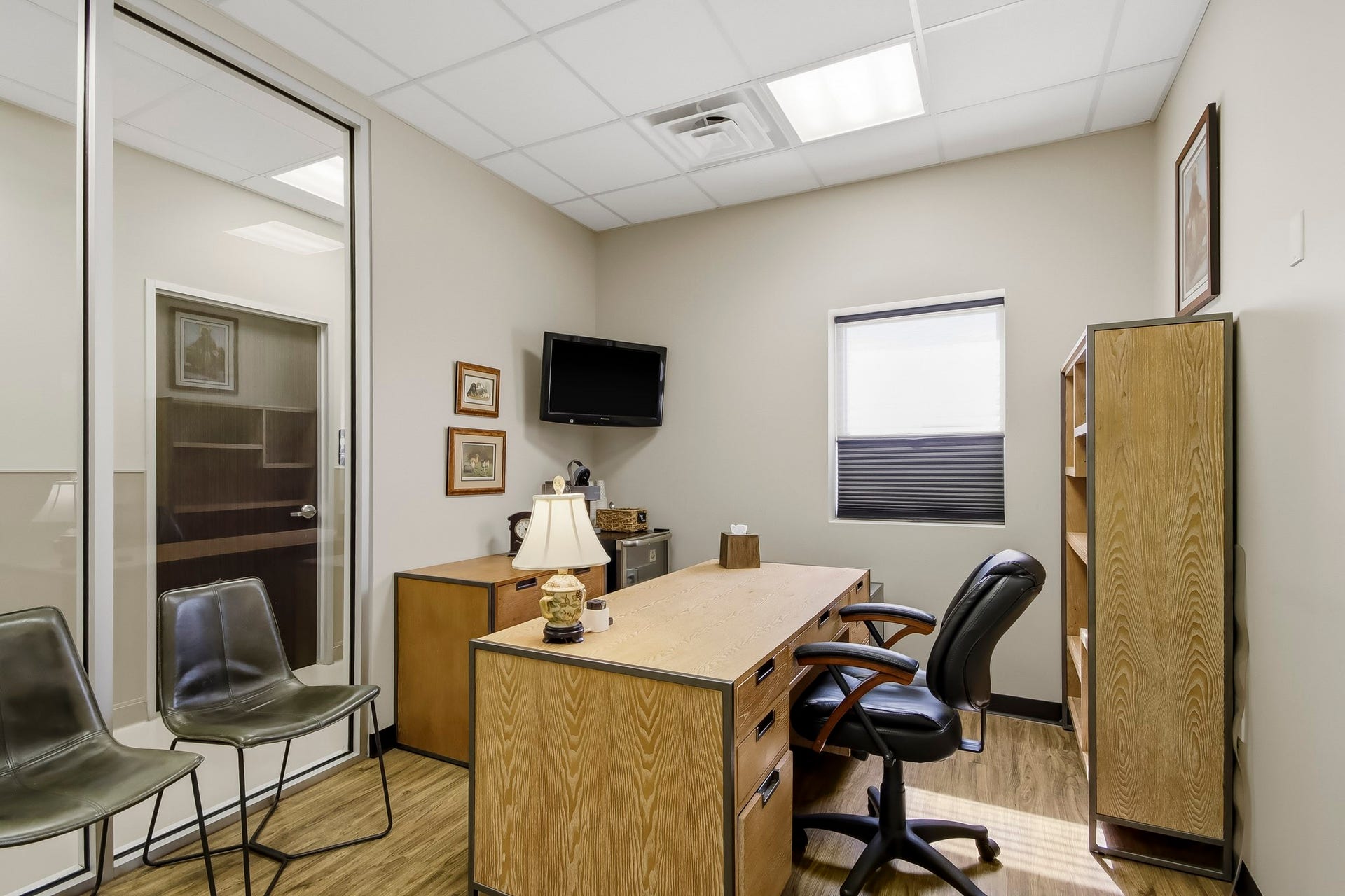 Office and bathrooms for guests.