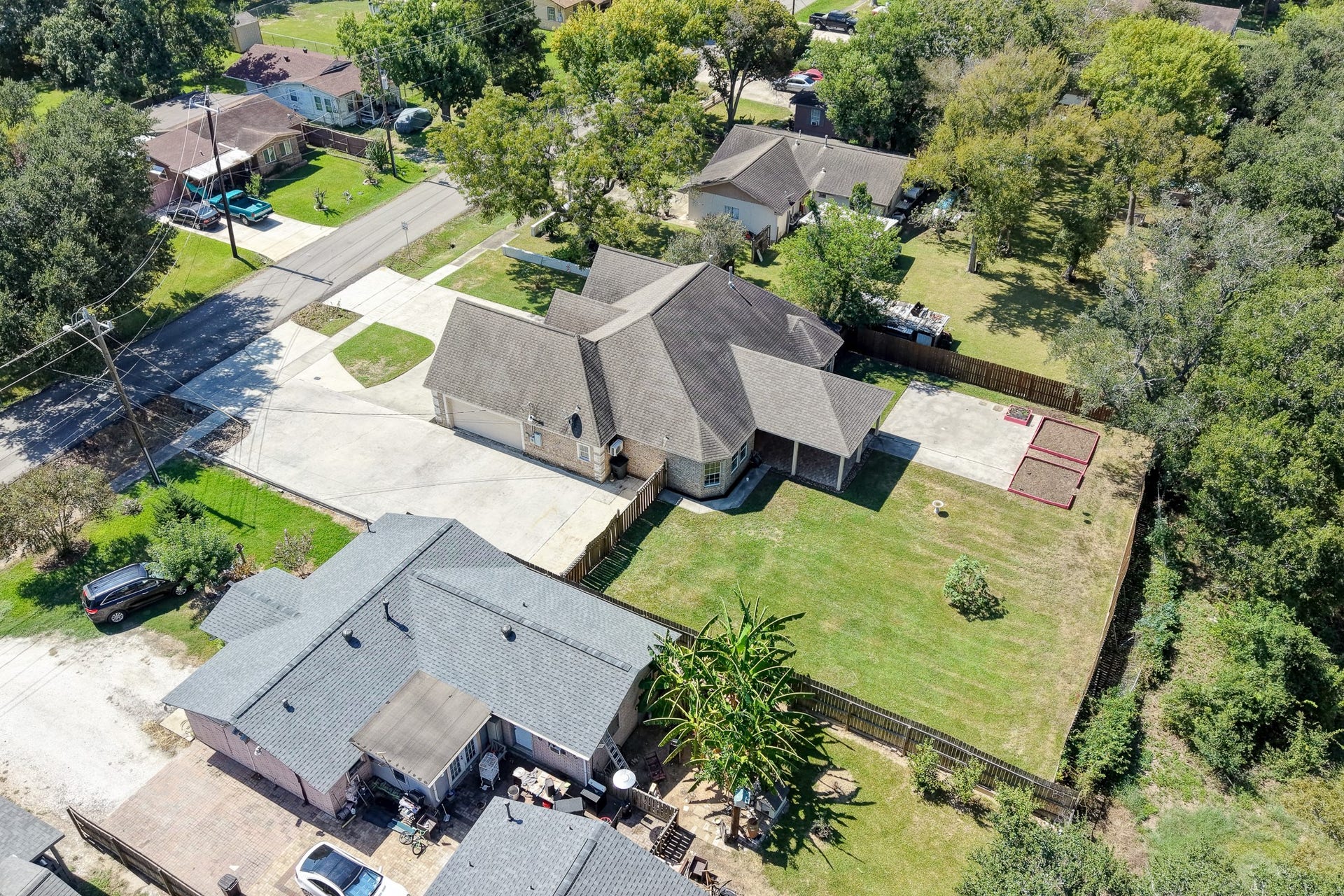 Overhead aerial view illustrating the property's layout and backyard space. No rear neighbors for added privacy.