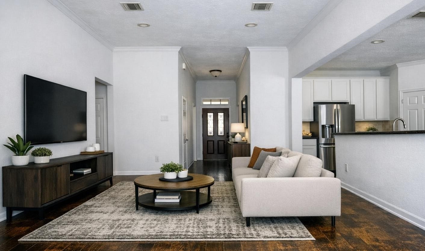 24531 Via Salerno Court, Richmond, TX 77406 AI Staged photo of modern living
room with open concept to
kitchen.