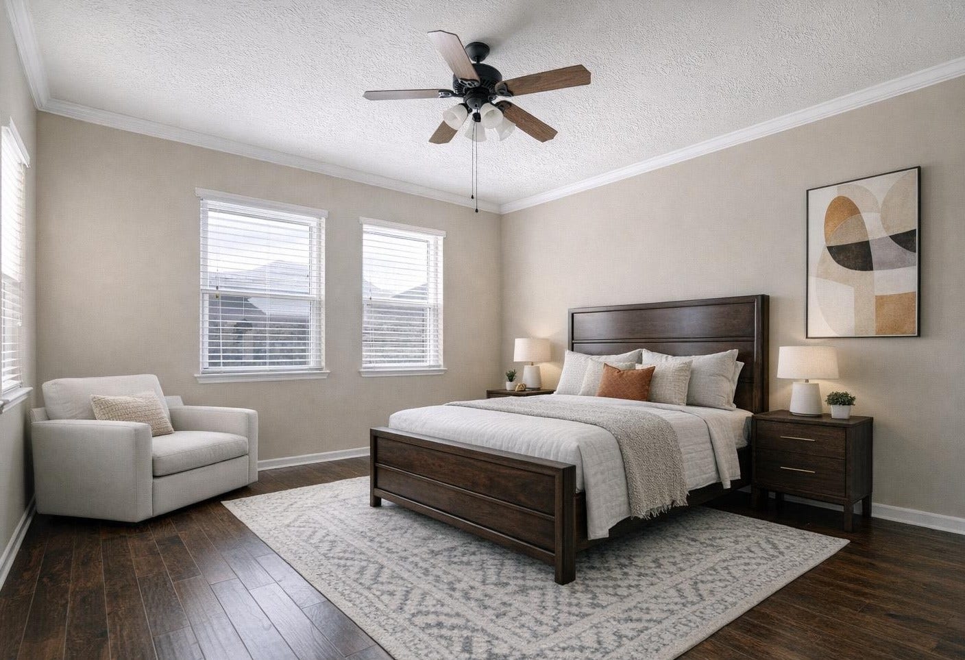 24531 Via Salerno Court, Richmond, TX 77406 AI Staged photo shows the
spacious primary bedroom with
large three windows that face the
resort style pool. Upgraded dark
hard-wood floors throughout.
Wake up the way your deserve to
every day.