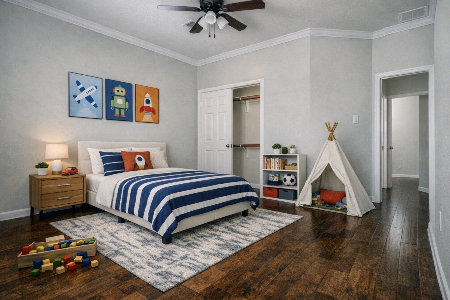 24531 Via Salerno Court, Richmond, TX 77406 AI Staged photo of bedroom 3
features hardwood floors, closet
and large window that faces the
front of the home.
