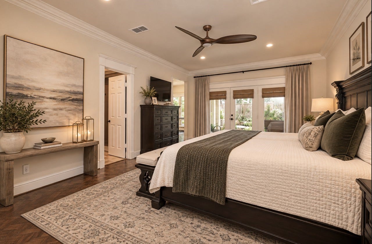 Spacious primary bedroom with elegant parquet flooring. French doors provide ample natural light and a view of the garden and covered patio. A modern ceiling fan and recessed lighting add to the contemporary feel. Virtually staged