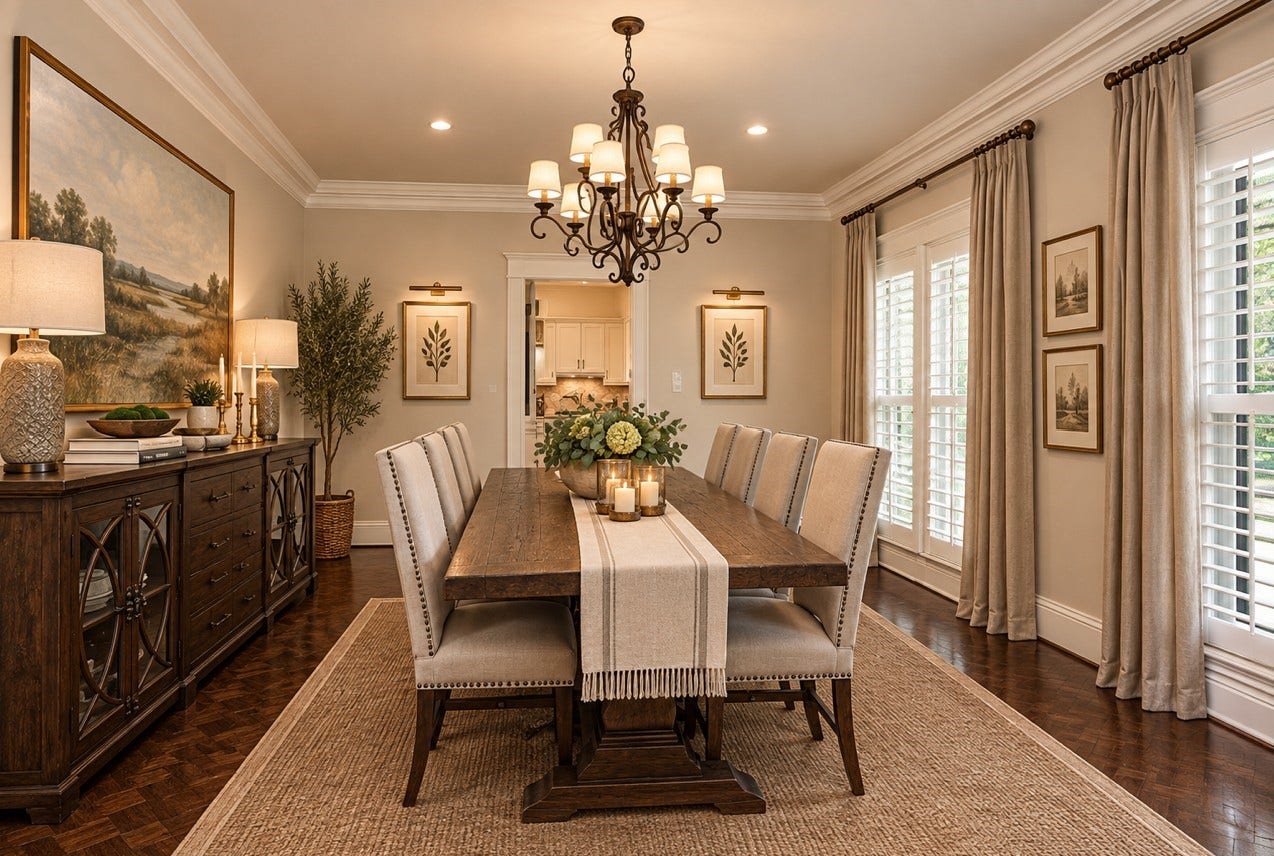 This spacious dining room features elegant wood flooring, a classic chandelier, and large windows with plantation shutters for natural light. Virtually staged