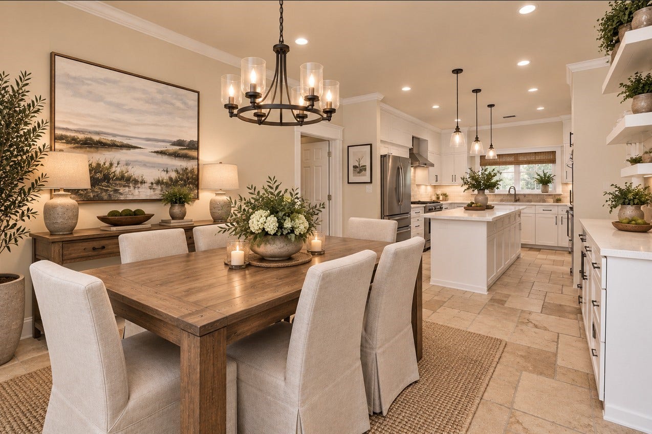 This photo showcases a bright, open-concept kitchen and dining area. The space features modern light fixtures with white cabinetry and stainless steel appliances. Neutral tones and ample lighting create a warm, inviting atmosphere. Virtually staged