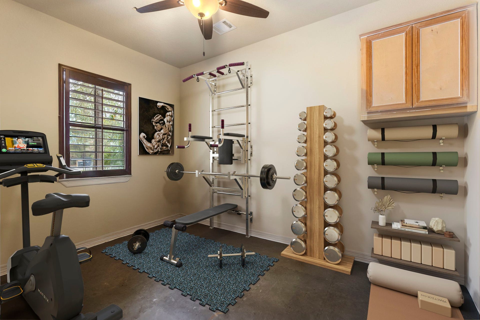 Fully conditioned bonus room (14x9') located privately across the porte-cochre, featuring a window with plantation shutters and ceiling fan. Versatile space ideal for a home gym, private office, or hobby studio.
*Virtually Staged Image