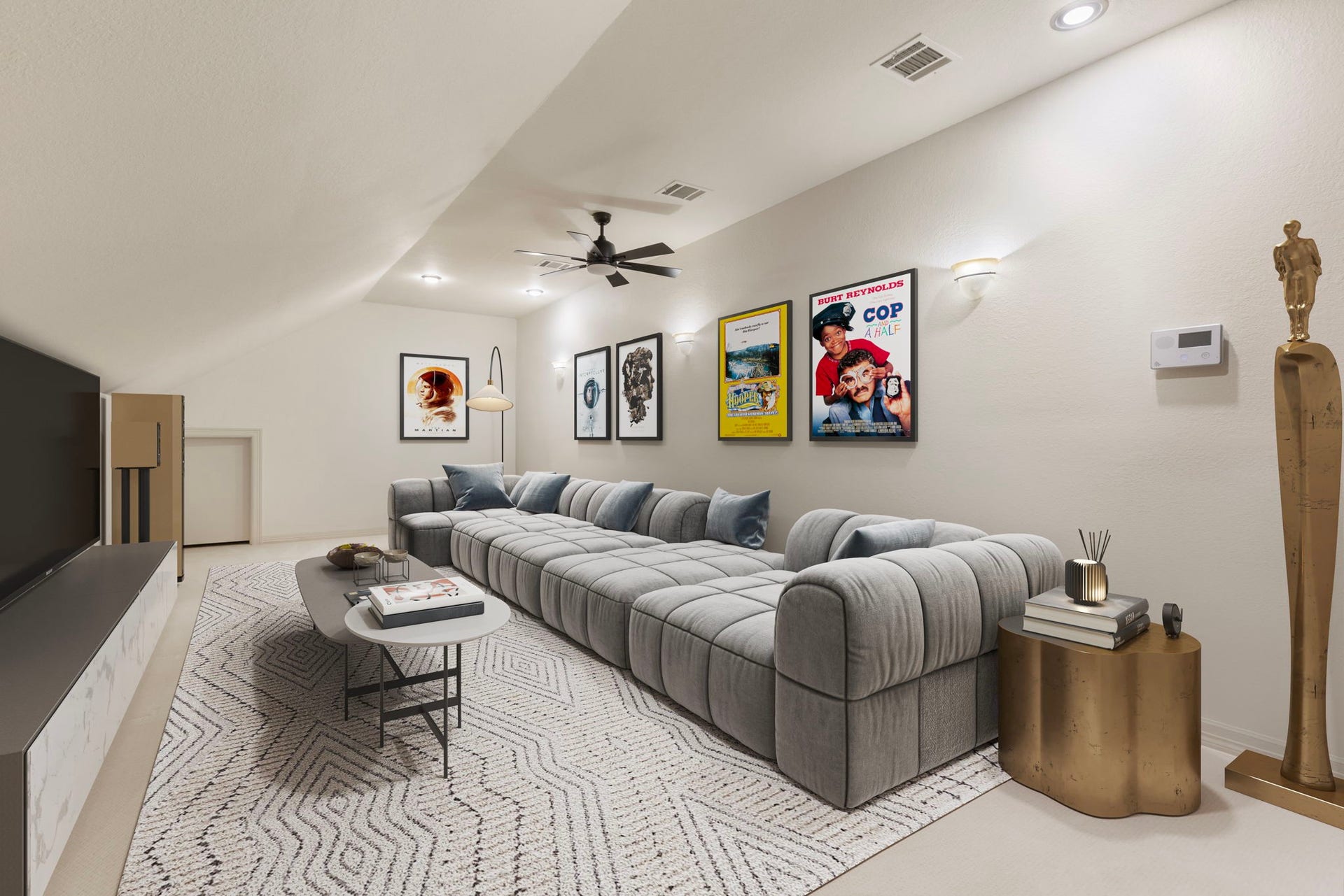 Upstairs Media Room designed for movie nights with dimmable sconce lighting, carpeted flooring, and pre-wired for surround sound and TV. Includes a large storage closet and armoire for convenient cable and media storage.
*Virtually Staged Image