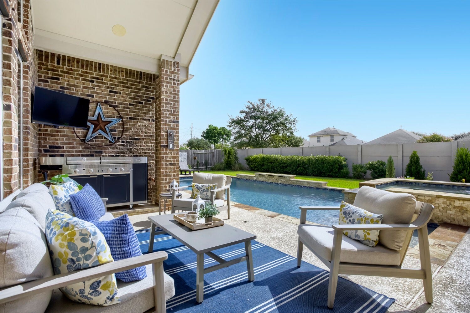 Step outside to your own private backyard oasis, complete with a sparkling pool, relaxing spa and fully equipped outdoor grilling area, with ample space for lounging, dining and entertaining, this outdoor retreat is designed for unforgettable gatherings with family and friends